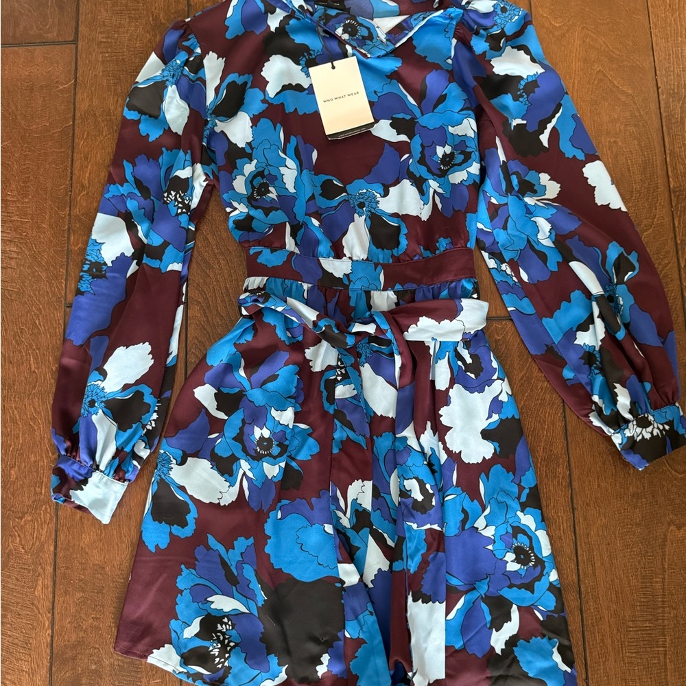 Who What Wear Blue and Brown Floral Long Sleeve Dress